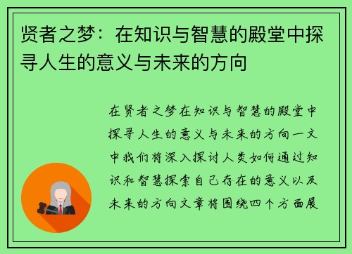 贤者之梦：在知识与智慧的殿堂中探寻人生的意义与未来的方向